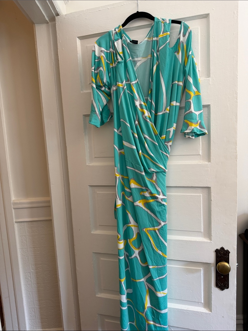 Ashley Stewart Cold-Shoulder Teal Print Wrap Maxi Dress Size 26/28 - Picture 2 of 6